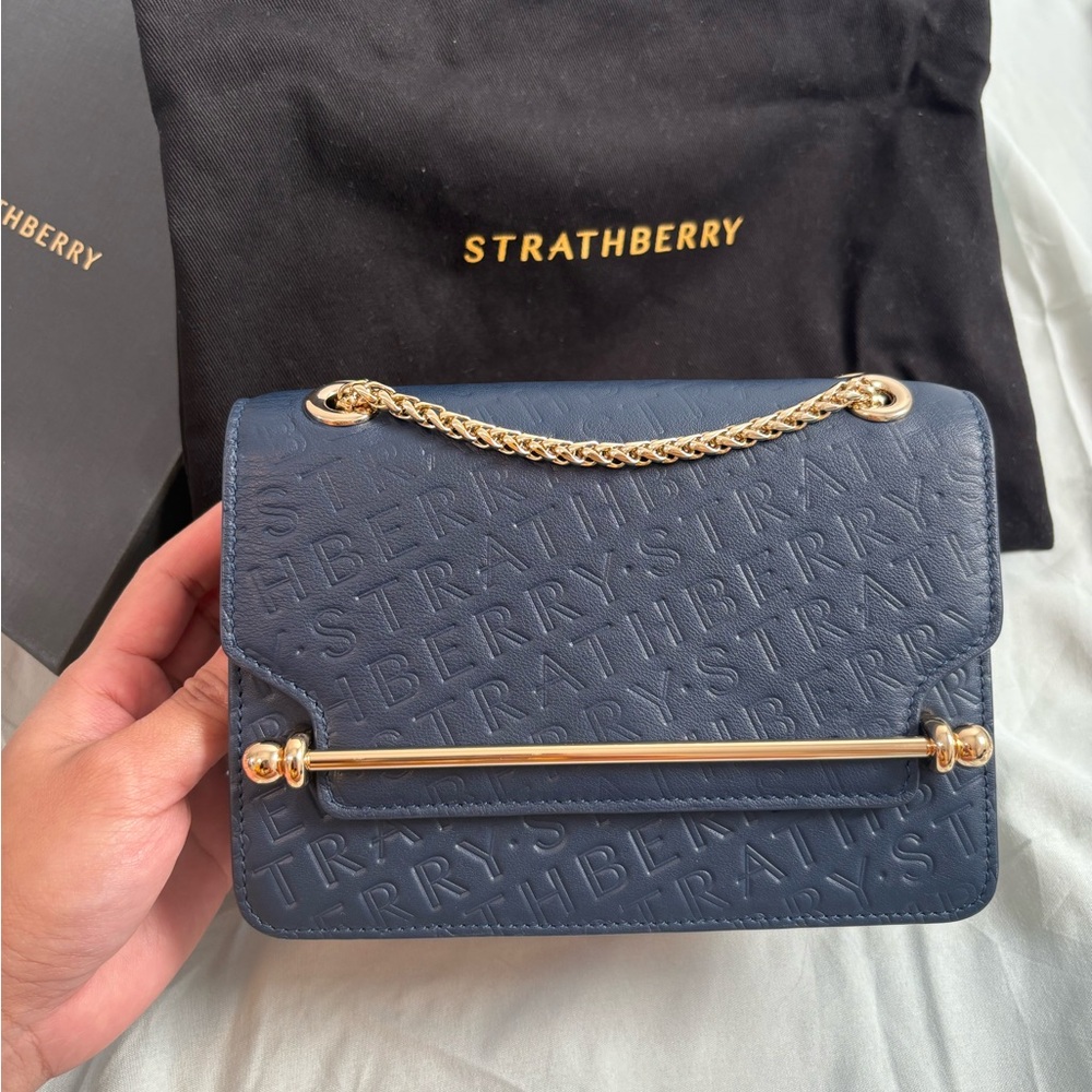 Strathberry Limited East West Mini Embossed Blue Crossbody Bag with Gold Accents